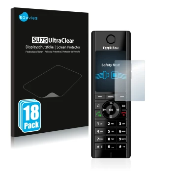 Vorderseite einer Produktverpackung mit dem Markenlogo Savvies. Daneben ist das Gerät AVM Fritz!Fon C5 mit dem zugehörigen Dis