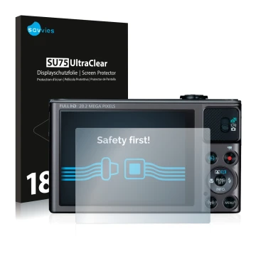 Vorderseite einer Produktverpackung mit dem Markenlogo Savvies. Daneben ist das Gerät Canon PowerShot SX620 HS mit dem zugehör