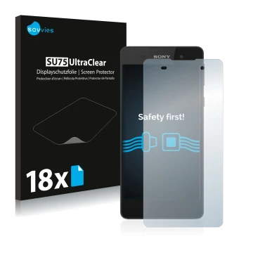 Vorderseite einer Produktverpackung mit dem Markenlogo Savvies. Daneben ist das Gerät Sony Xperia E5 mit dem zugehörigen Displ
