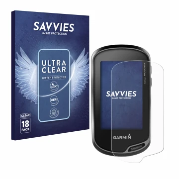 Vorderseite einer Produktverpackung mit dem Markenlogo Savvies. Daneben ist das Gerät Garmin Oregon 750t mit dem zugehörigen D