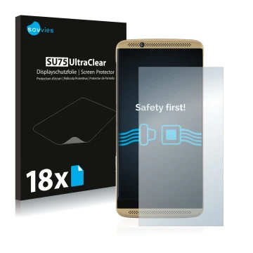 Vorderseite einer Produktverpackung mit dem Markenlogo Savvies. Daneben ist das Gerät ZTE Axon 7 mit dem zugehörigen Displaysc