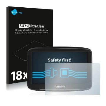 Vorderseite einer Produktverpackung mit dem Markenlogo Savvies. Daneben ist das Gerät TomTom Start 52 mit dem zugehörigen Disp