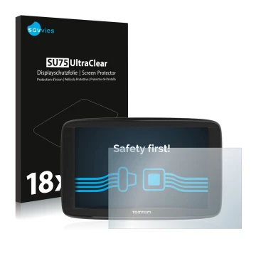 Vorderseite einer Produktverpackung mit dem Markenlogo Savvies. Daneben ist das Gerät TomTom Start 62 mit dem zugehörigen Disp