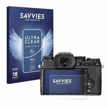 Vorderseite einer Produktverpackung mit dem Markenlogo Savvies. Daneben ist das Gerät Fujifilm X-T2 mit dem zugehörigen Displa