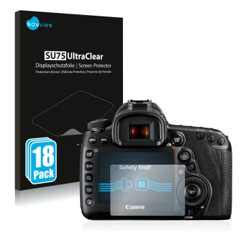 Vorderseite einer Produktverpackung mit dem Markenlogo Savvies. Daneben ist das Gerät Canon EOS 5D Mark IV mit dem zugehörigen