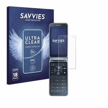 Vorderseite einer Produktverpackung mit dem Markenlogo Savvies. Daneben ist das Gerät Samsung Galaxy Folder 2 mit dem zugehöri