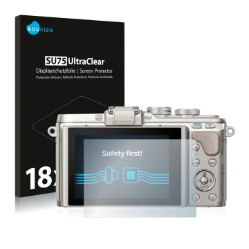 Vorderseite einer Produktverpackung mit dem Markenlogo Savvies. Daneben ist das Gerät Olympus PEN E-PL8 mit dem zugehörigen Di