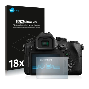 Vorderseite einer Produktverpackung mit dem Markenlogo Savvies. Daneben ist das Gerät Panasonic Lumix DMC-FZ2000 mit dem zugeh