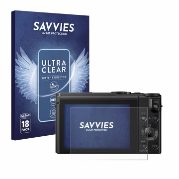 Vorderseite einer Produktverpackung mit dem Markenlogo Savvies. Daneben ist das Gerät Panasonic Lumix DMC-LX15 mit dem zugehör