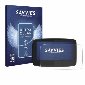 Vorderseite einer Produktverpackung mit dem Markenlogo Savvies. Daneben ist das Gerät TomTom GO 620 mit dem zugehörigen Displa