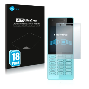 Vorderseite einer Produktverpackung mit dem Markenlogo Savvies. Daneben ist das Gerät Nokia 216 mit dem zugehörigen Displaysch