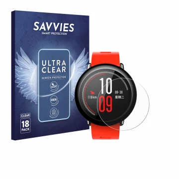 Vorderseite einer Produktverpackung mit dem Markenlogo Savvies. Daneben ist das Gerät Huami Amazfit Pace mit dem zugehörigen D