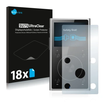 Vorderseite einer Produktverpackung mit dem Markenlogo Savvies. Daneben ist das Gerät FiiO X1 II mit dem zugehörigen Displaysc