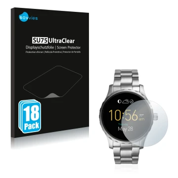 Vorderseite einer Produktverpackung mit dem Markenlogo Savvies. Daneben ist das Gerät Fossil Q Marshal (2.Gen) mit dem zugehör