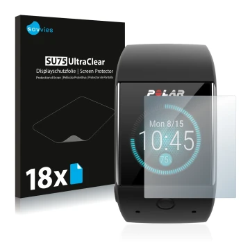 Vorderseite einer Produktverpackung mit dem Markenlogo Savvies. Daneben ist das Gerät Polar M600 mit dem zugehörigen Displaysc