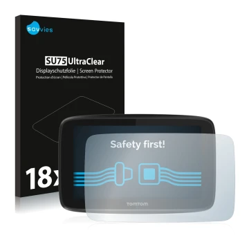 Vorderseite einer Produktverpackung mit dem Markenlogo Savvies. Daneben ist das Gerät TomTom GO 5200 mit dem zugehörigen Displ