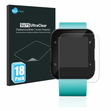 Vorderseite einer Produktverpackung mit dem Markenlogo Savvies. Daneben ist das Gerät Garmin Forerunner 35 mit dem zugehörigen