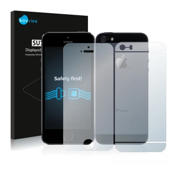 Vorderseite einer Produktverpackung mit dem Markenlogo Savvies. Daneben ist das Gerät Apple iPhone 5S (Display+Rückseite) mit 