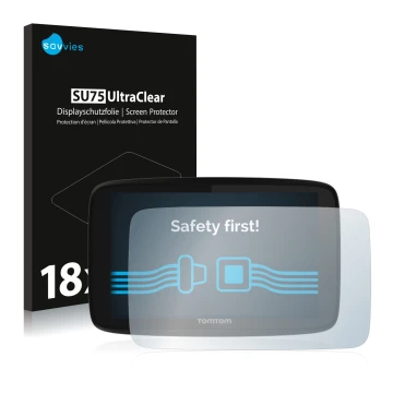 Vorderseite einer Produktverpackung mit dem Markenlogo Savvies. Daneben ist das Gerät TomTom GO 520 mit dem zugehörigen Displa