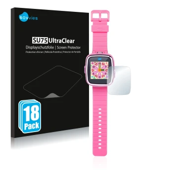 Vorderseite einer Produktverpackung mit dem Markenlogo Savvies. Daneben ist das Gerät Vtech Kidizoom Smart Watch DX mit dem zu