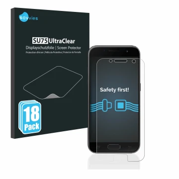 Vorderseite einer Produktverpackung mit dem Markenlogo Savvies. Daneben ist das Gerät Samsung Galaxy A3 2017 mit dem zugehörig
