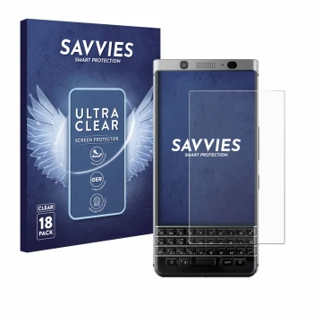 Vorderseite einer Produktverpackung mit dem Markenlogo Savvies. Daneben ist das Gerät BlackBerry Keyone mit dem zugehörigen Di