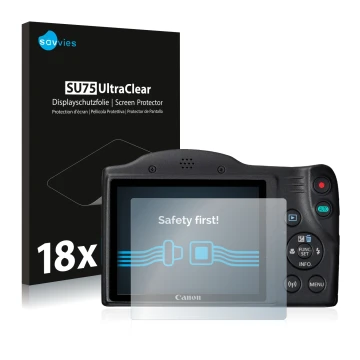 Vorderseite einer Produktverpackung mit dem Markenlogo Savvies. Daneben ist das Gerät Canon PowerShot SX430 IS mit dem zugehör