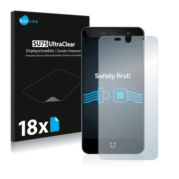 Vorderseite einer Produktverpackung mit dem Markenlogo Savvies. Daneben ist das Gerät Wileyfox Swift 2X mit dem zugehörigen Di