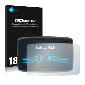 Vorderseite einer Produktverpackung mit dem Markenlogo Savvies. Daneben ist das Gerät TomTom Go 6200 mit dem zugehörigen Displ
