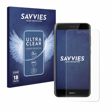Vorderseite einer Produktverpackung mit dem Markenlogo Savvies. Daneben ist das Gerät Huawei P8 Lite 2017 mit dem zugehörigen 