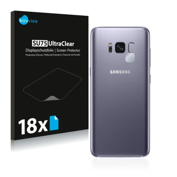Vorderseite einer Produktverpackung mit dem Markenlogo Savvies. Daneben ist das Gerät Samsung Galaxy S8 (NUR Kameraschutz) mit
