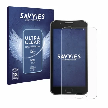 Vorderseite einer Produktverpackung mit dem Markenlogo Savvies. Daneben ist das Gerät Motorola Moto G5 mit dem zugehörigen Dis