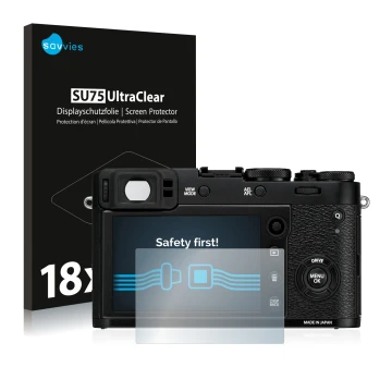 Vorderseite einer Produktverpackung mit dem Markenlogo Savvies. Daneben ist das Gerät Fujifilm X100F mit dem zugehörigen Displ