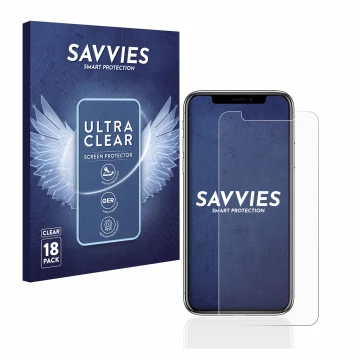Vorderseite einer Produktverpackung mit dem Markenlogo Savvies. Daneben ist das Gerät Apple iPhone X mit dem zugehörigen Displ