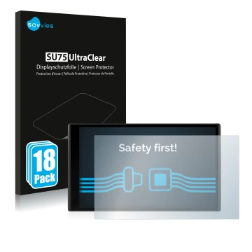 Vorderseite einer Produktverpackung mit dem Markenlogo Savvies. Daneben ist das Gerät Garmin DriveSmart 61 LMT-D mit dem zugeh