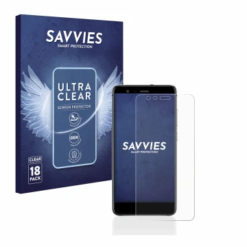 Vorderseite einer Produktverpackung mit dem Markenlogo Savvies. Daneben ist das Gerät Huawei P10 Lite mit dem zugehörigen Disp