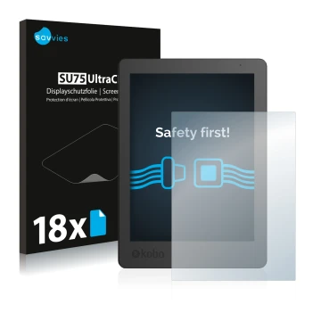 Vorderseite einer Produktverpackung mit dem Markenlogo Savvies. Daneben ist das Gerät Kobo Aura Edition 2 mit dem zugehörigen 