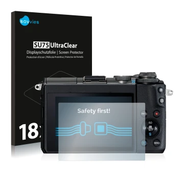 Vorderseite einer Produktverpackung mit dem Markenlogo Savvies. Daneben ist das Gerät Canon EOS M6 mit dem zugehörigen Display