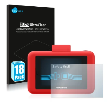 Vorderseite einer Produktverpackung mit dem Markenlogo Savvies. Daneben ist das Gerät Polaroid Snap Touch mit dem zugehörigen 