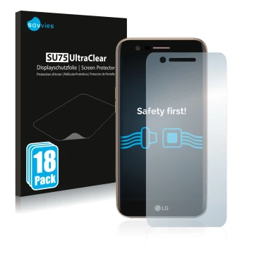 Vorderseite einer Produktverpackung mit dem Markenlogo Savvies. Daneben ist das Gerät LG K10 2017 mit dem zugehörigen Displays