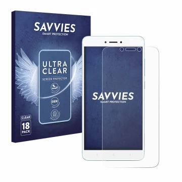Vorderseite einer Produktverpackung mit dem Markenlogo Savvies. Daneben ist das Gerät Xiaomi Redmi 4X mit dem zugehörigen Disp