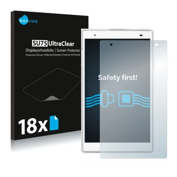 Vorderseite einer Produktverpackung mit dem Markenlogo Savvies. Daneben ist das Gerät Lenovo Tab 4 8 Plus mit dem zugehörigen 