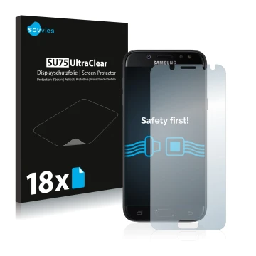 Vorderseite einer Produktverpackung mit dem Markenlogo Savvies. Daneben ist das Gerät Samsung Galaxy J5 2017 mit dem zugehörig