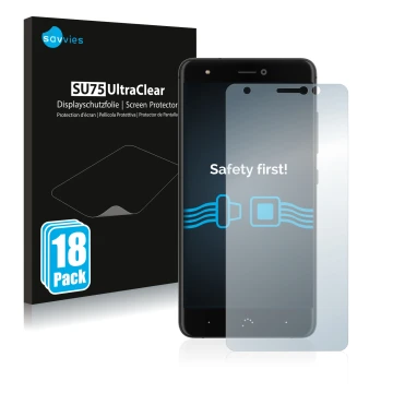 Vorderseite einer Produktverpackung mit dem Markenlogo Savvies. Daneben ist das Gerät BQ Aquaris X mit dem zugehörigen Display