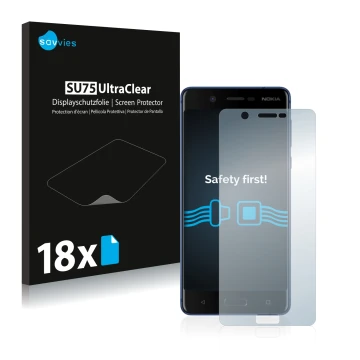 Vorderseite einer Produktverpackung mit dem Markenlogo Savvies. Daneben ist das Gerät Nokia 5 mit dem zugehörigen Displayschut