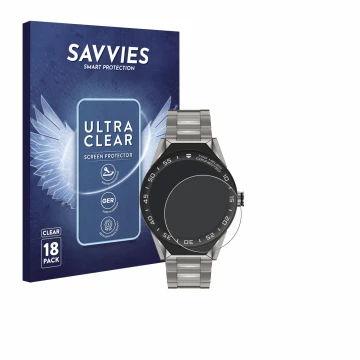 Vorderseite einer Produktverpackung mit dem Markenlogo Savvies. Daneben ist das Gerät TAG Heuer Connected Modular 45 mit dem z
