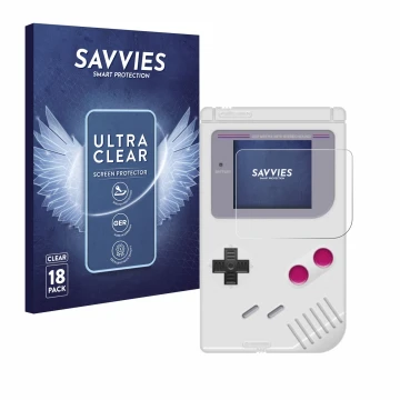 Vorderseite einer Produktverpackung mit dem Markenlogo Savvies. Daneben ist das Gerät Nintendo Gameboy (1989) mit dem zugehöri