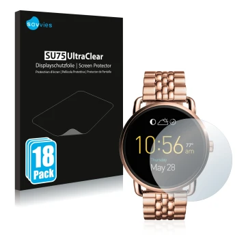 Vorderseite einer Produktverpackung mit dem Markenlogo Savvies. Daneben ist das Gerät Fossil Q Wander mit dem zugehörigen Disp