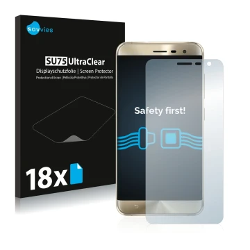 Vorderseite einer Produktverpackung mit dem Markenlogo Savvies. Daneben ist das Gerät ASUS ZenFone 3 ZE552KL mit dem zugehörig