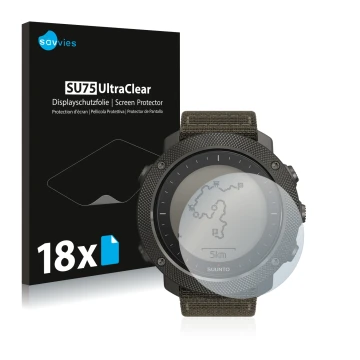 Vorderseite einer Produktverpackung mit dem Markenlogo Savvies. Daneben ist das Gerät Suunto Traverse Alpha mit dem zugehörige